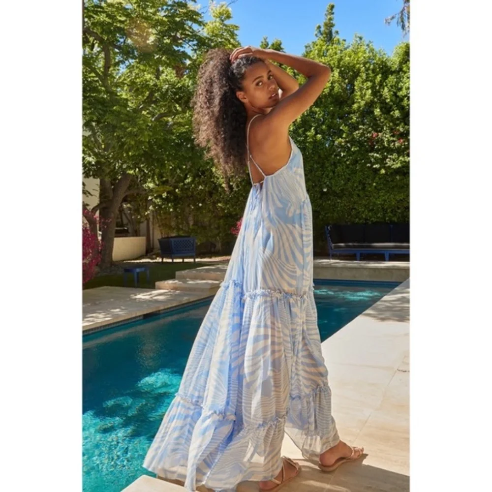 MISA Anthropologie Boho Maxi Dress Strappy Back Floral White Blue Medium